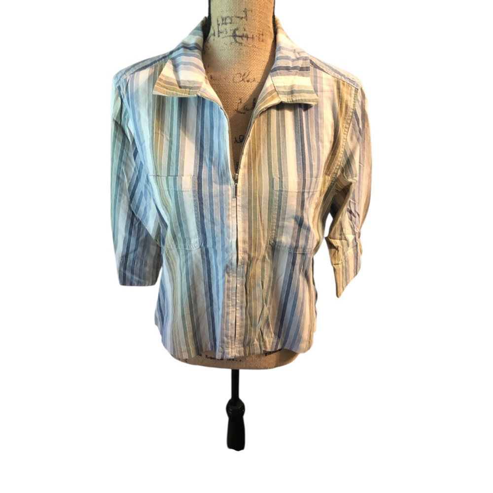 Lemon Grass Studio Striped Shirt Jacket Size Medium Blue Green